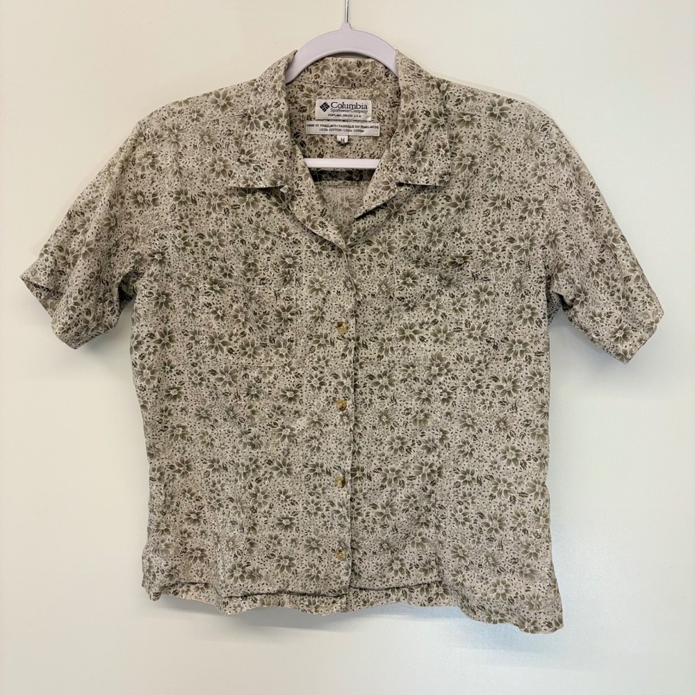 Gorpcore Granola Girl Button Down Floral Cotton Columbia Women M Green